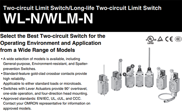 Các models thuộc dòng Công tắc giới hạn (hành trình) WL-N của Omron | WL-N Series Two-circuit limit switch