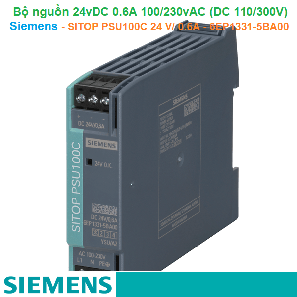 Bộ nguồn 24vDC 0.6A 1AC 100/230V (DC 110/300V) - Siemens - SITOP PSU100C 24 V/ 0.6A - 6EP1331-5BA00