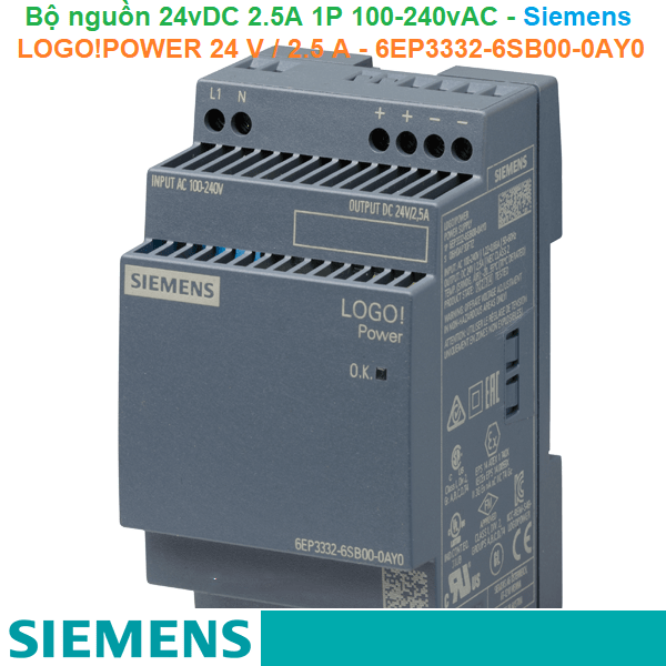Bộ nguồn 24vDC 2.5A 1AC 100-240V - Siemens - Power supply unit - LOGO!POWER 24 V / 2.5 A - 6EP3332-6SB00-0AY0
