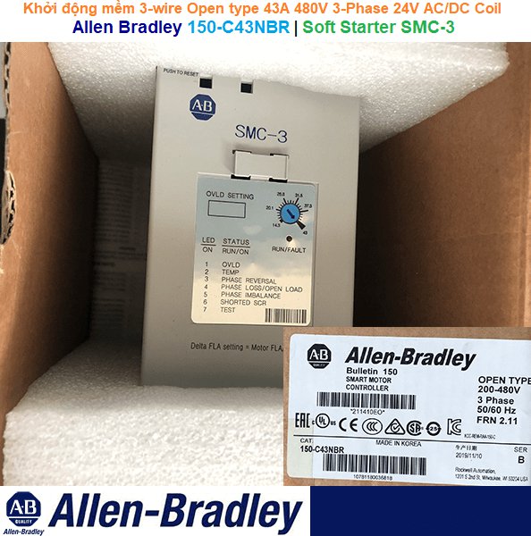 Allen Bradley 150-C43NBR | Soft Starter SMC-3 -Khởi động mềm 3-wire Open type 43A 480V 3-Phase 50/60Hz 24V AC/DC Coil