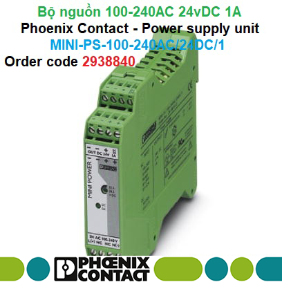 Bộ nguồn 100-240AC 24vDC 1A - Phoenix Contact - Power supply unit - MINI-PS-100-240AC/24DC/1 - 2938840