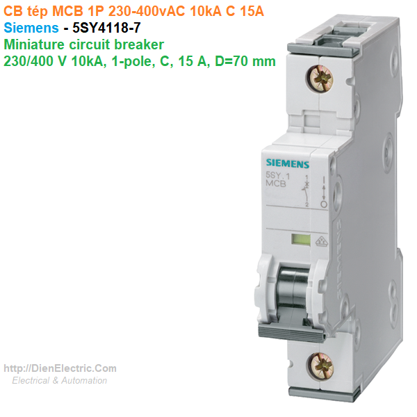 CB tép MCB 1P 230-400vAC 10kA C 15A - Siemens - 5SY4118-7 Miniature circuit breaker 230/400 V 10kA, 1-pole, C, 15 A, D=70 mm