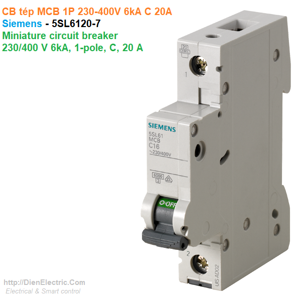CB tép MCB 1P 230-400V 6kA C 20A - Siemens - 5SL6120-7 Miniature circuit breaker 230/400 V 6kA, 1-pole, C, 20 A