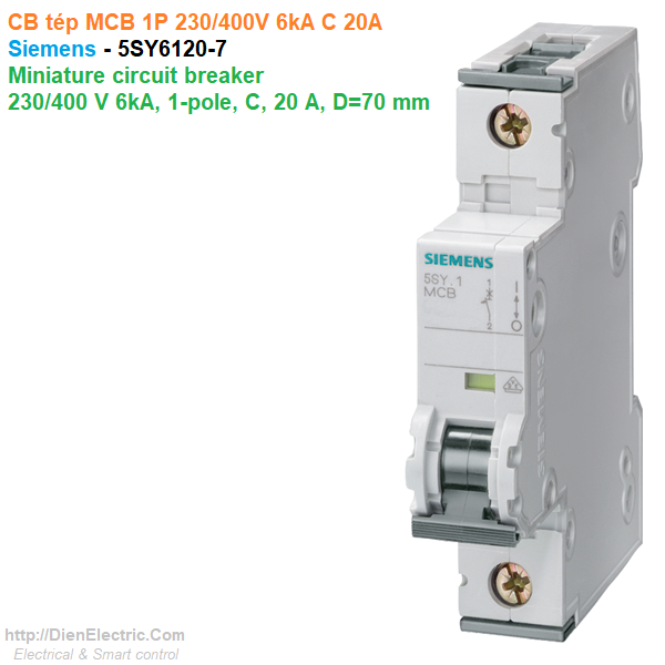 CB tép MCB 1P 230/400V 6kA C 20A - Siemens - 5SY6120-7 Miniature circuit breaker 230/400 V 6kA, 1-pole, C, 20 A, D=70 mm