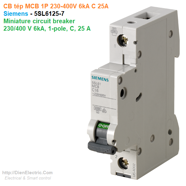 CB tép MCB 1P 230-400V 6kA C 25A - Siemens - 5SL6125-7 Miniature circuit breaker 230/400 V 6kA, 1-pole, C, 25 A