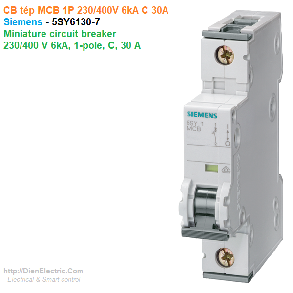 CB tép MCB 1P 230/400V 6kA C 30A - Siemens - 5SY6130-7 Miniature circuit breaker 230/400 V 6kA, 1-pole, C, 30 A