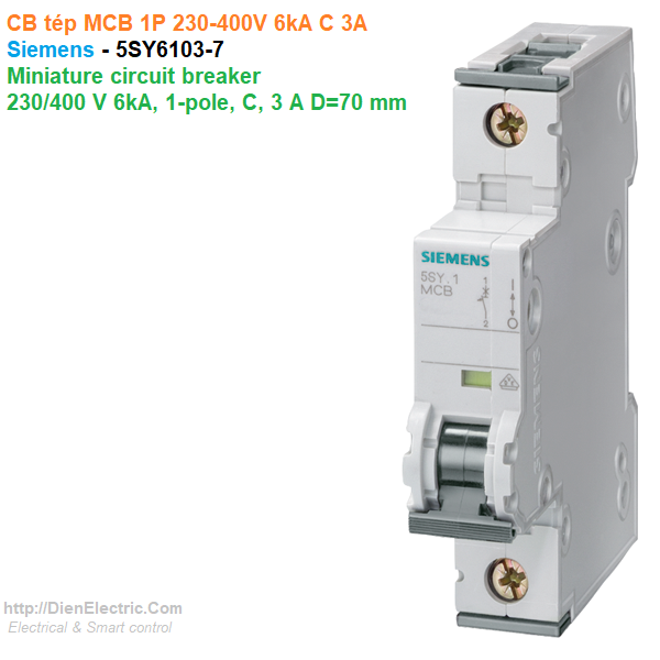 CB tép MCB 1P 230-400V 6kA C 3A - Siemens - 5SY6103-7 Miniature circuit breaker 230/400 V 6kA, 1-pole, C, 3 A D=70 mm