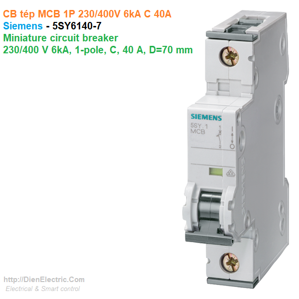 CB tép MCB 1P 230/400V 6kA C 40A - Siemens - 5SY6140-7 Miniature circuit breaker 230/400 V 6kA, 1-pole, C, 40 A, D=70 mm