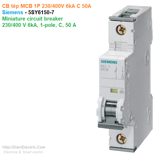 CB tép MCB 1P 230/400V 6kA C 50A - Siemens - 5SY6150-7 Miniature circuit breaker 230/400 V 6kA, 1-pole, C, 50 A, D=70 mm