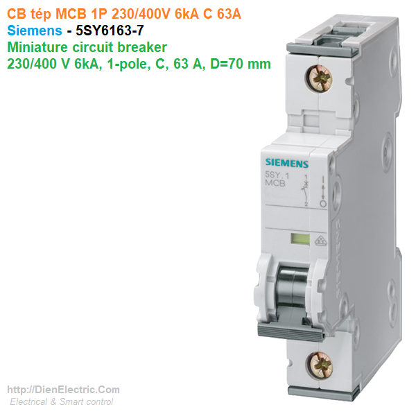 CB tép MCB 1P 230/400V 6kA C 63A - Siemens - 5SY6163-7 Miniature circuit breaker 230/400 V 6kA, 1-pole, C, 63 A, D=70 mm