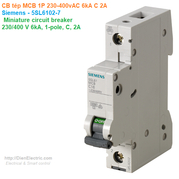 CB tép MCB 1P 230-400vAC 6kA C 2A - Siemens - 5SL6102-7 Miniature circuit breaker 230/400 V 6kA, 1-pole, C, 2A