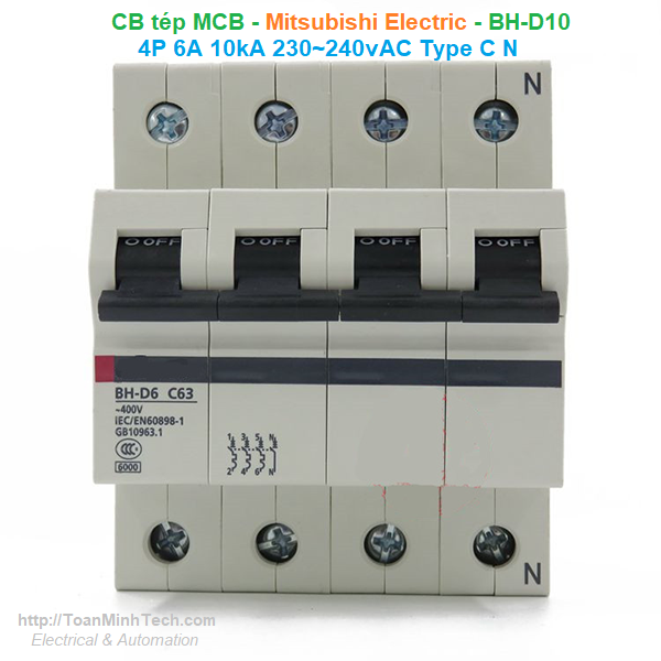CB tép MCB - Mitsubishi Electric - BH-D10 4P 6A 10kA 230~240vAC Type C N