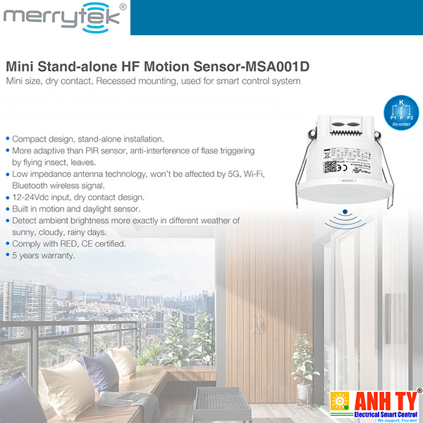 Cảm biến chuyển động nhận biết có người 12-24VDC Merrytek MSA001D Mini stand-alone HF motion sensor 