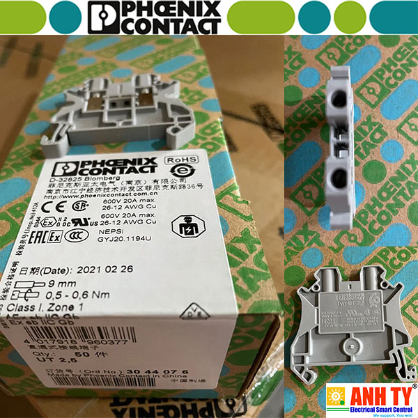 Cầu đấu nối điện Phoenix Contact UT 2,5 - 3044076 | 1000V 24A 2.5mm2 Screw Gray