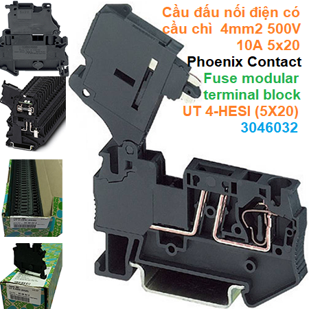 Cầu đấu nối điện có cầu chì  4mm2 500V 10A 5x20 - Phoenix Contact - Fuse modular terminal block - UT 4-HESI (5X20) - 3046032