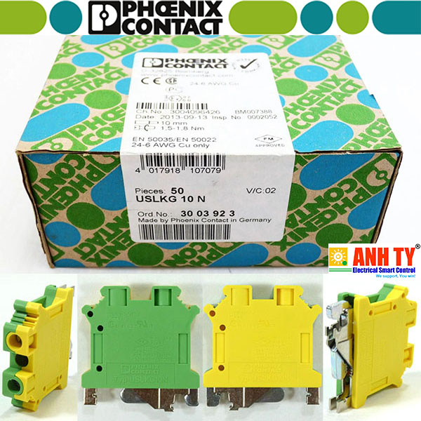 Cầu đấu tiếp địa Phoenix Contact USLKG 10 N - 3003923 | 10mm2 PE-foot Screw M4 Green-yellow