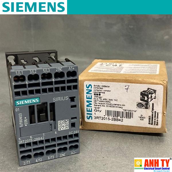 Contactor AC-3e/AC-3 7A 3kW 400V 3P 24VDC 1NC S00 Siemens 3RT2015-2KB42