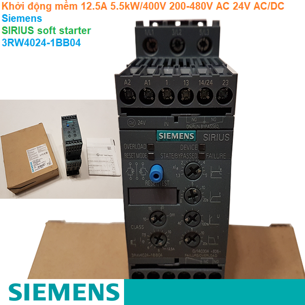 Khởi động mềm 12.5A 5.5kW/400V 200-480V AC 24V AC/DC - Siemens - SIRIUS soft starter 3RW4024-1BB04