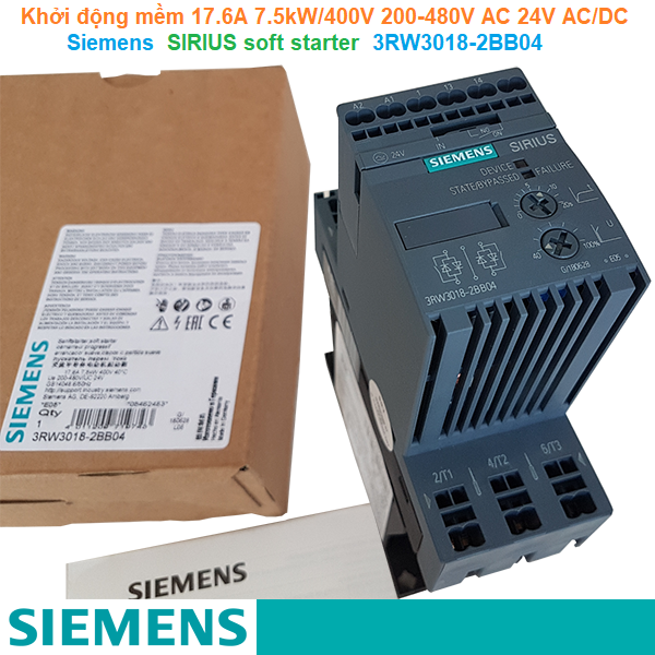 Khởi động mềm 17.6A 7.5kW/400V 200-480V AC 24V AC/DC - Siemens - SIRIUS soft starter 3RW3018-2BB04