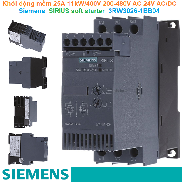 Khởi động mềm 25A 11kW/400V 200-480V AC 24V AC/DC - Siemens - SIRIUS soft starter 3RW3026-1BB04