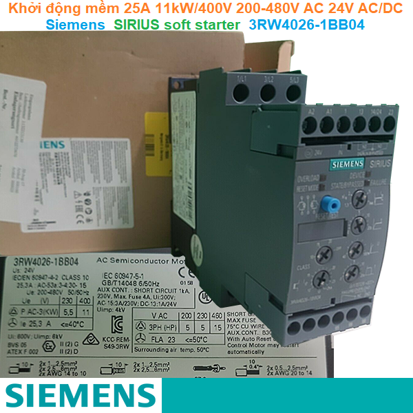 Khởi động mềm 25A 11kW/400V 200-480V AC 24V AC/DC - Siemens - SIRIUS soft starter 3RW4026-1BB04