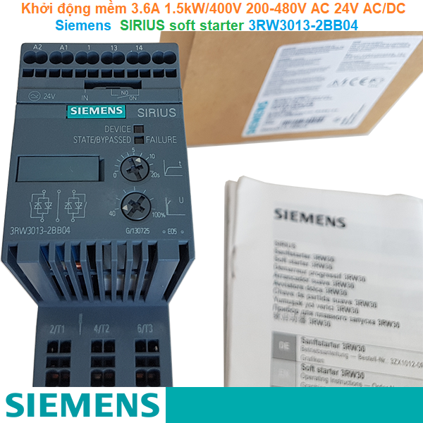 Khởi động mềm 3.6A 1.5kW/400V 200-480V AC 24V AC/DC - Siemens - SIRIUS soft starter 3RW3013-2BB04