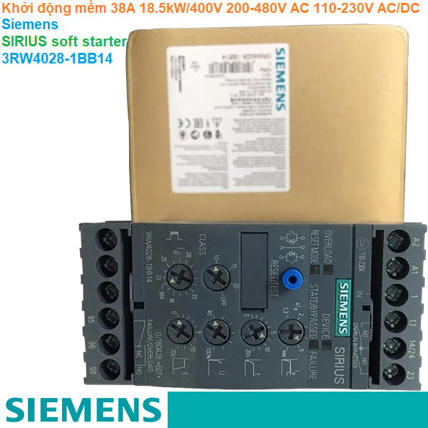 Khởi động mềm 38A 18.5kW/400V 200-480V AC 110-230V AC/DC - Siemens - SIRIUS soft starter 3RW4028-1BB14