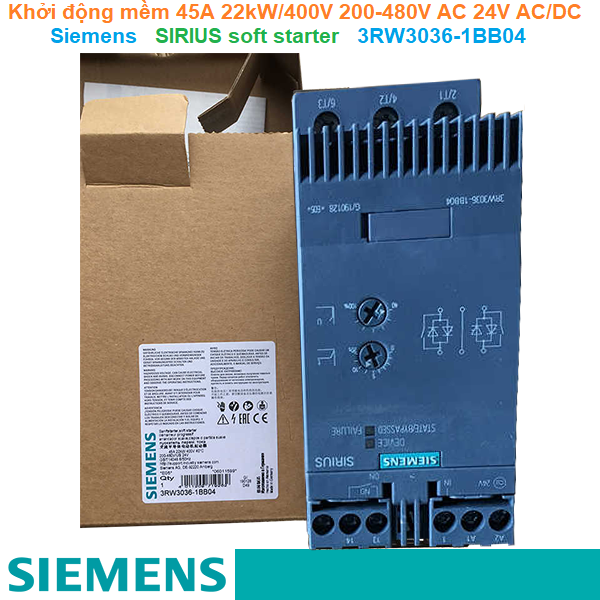 Khởi động mềm 45A 22kW/400V 200-480V AC 24V AC/DC - Siemens - SIRIUS soft starter 3RW3036-1BB04