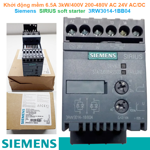 Khởi động mềm 6.5A 3kW/400V 200-480V AC 24V AC/DC - Siemens - SIRIUS soft starter 3RW3014-1BB04
