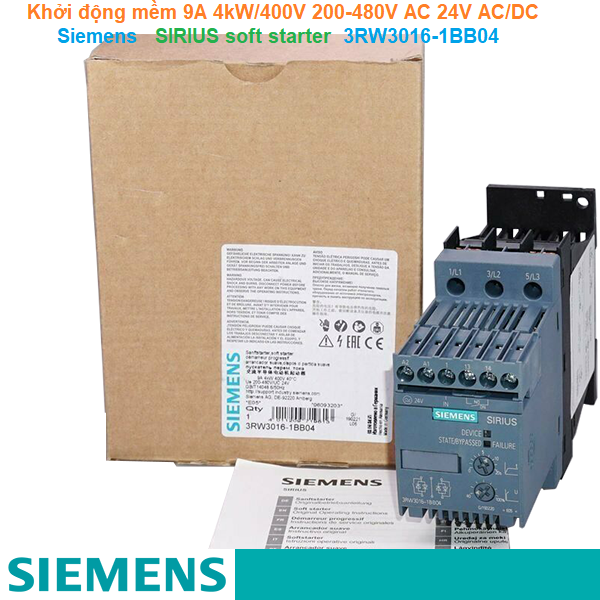 Khởi động mềm 9A 4kW/400V 200-480V AC 24V AC/DC - Siemens - SIRIUS soft starter 3RW3016-1BB04