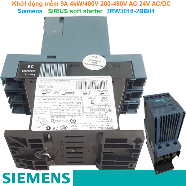 Khởi động mềm 9A 4kW/400V 200-480V AC 24V AC/DC - Siemens - SIRIUS soft starter 3RW3016-2BB04