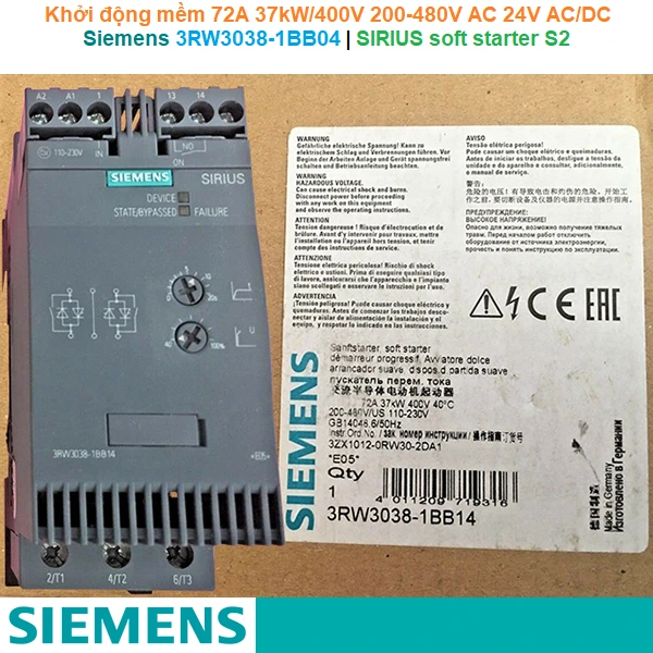 Siemens 3RW3038-1BB04 | Khởi động mềm SIRIUS soft starter S2 72A 37kW/400V 200-480V AC 24V AC/DC Screw terminals