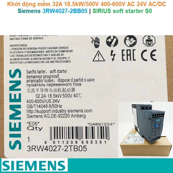 Siemens 3RW4027-2BB05 | Khởi động mềm SIRIUS soft starter S0 32A 18.5kW/500V 400-600V AC 24V AC/DC spring terminals