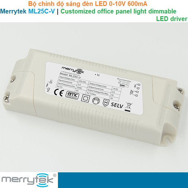 Merrytek ML25C-V | Customized office panel light  dimmable LED driver -Bộ chỉnh độ sáng đèn LED 0-10V 600mA
