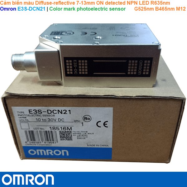 Omron E3S-DCN21 | Color mark photoelectric sensor -Cảm biến màu Diffuse-reflective 7-13mm ON detected NPN LED Red635nm Green525nm Blue465nm M12