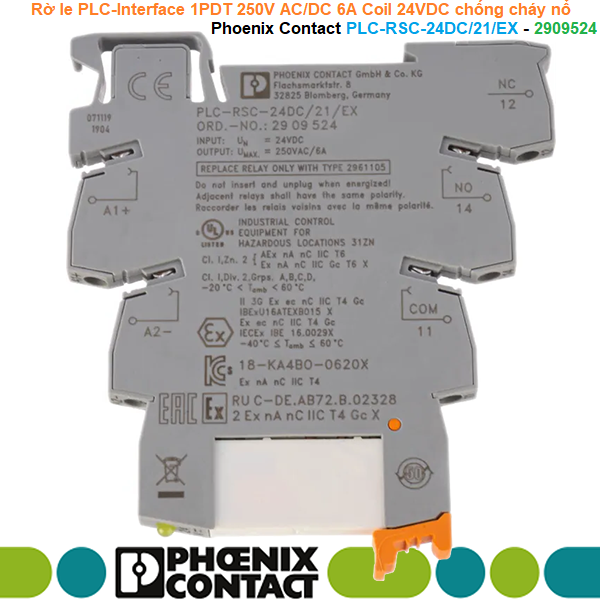 Phoenix Contact PLC-RSC-24DC/21/EX - 2909524 | Relay Module -Rờ le PLC-Interface 1PDT 250V AC/DC 6A Coil 24VDC chống cháy nổ