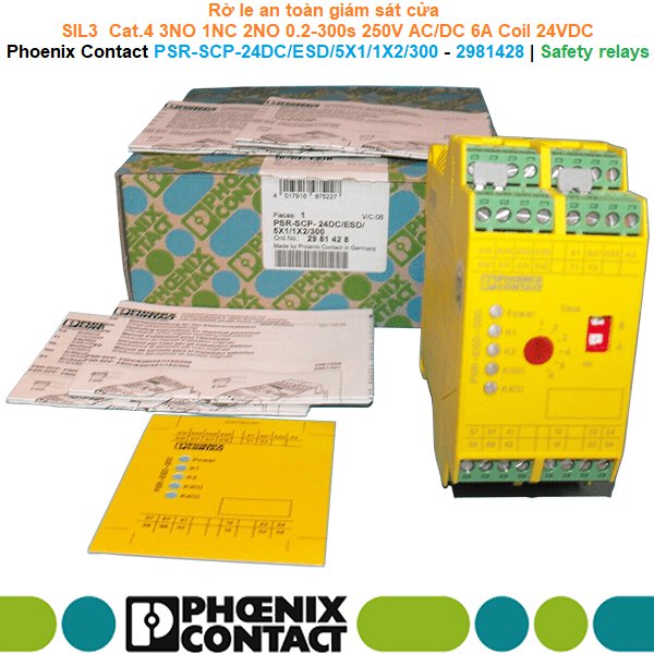 Phoenix Contact PSR-SCP-24DC/ESD/5X1/1X2/300 - 2981428 | Safety relays -Rờ le an toàn giám sát cửa SIL3 Cat.4 3NO 1NC 2NO 0.2-300s 250V AC/DC 6A Coil 24VDC