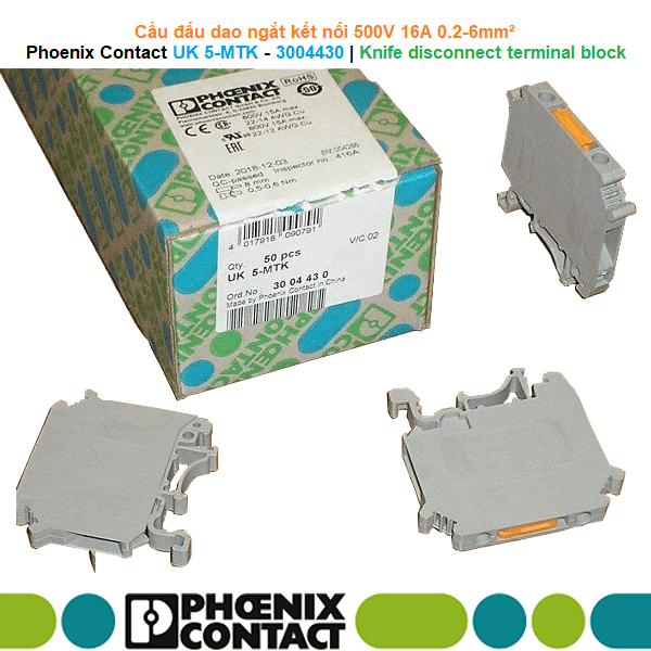 Phoenix Contact UK 5-MTK - 3004430 | Knife disconnect terminal block -Cầu đấu dao ngắt kết nối 500V 16A 0.2-6mm²