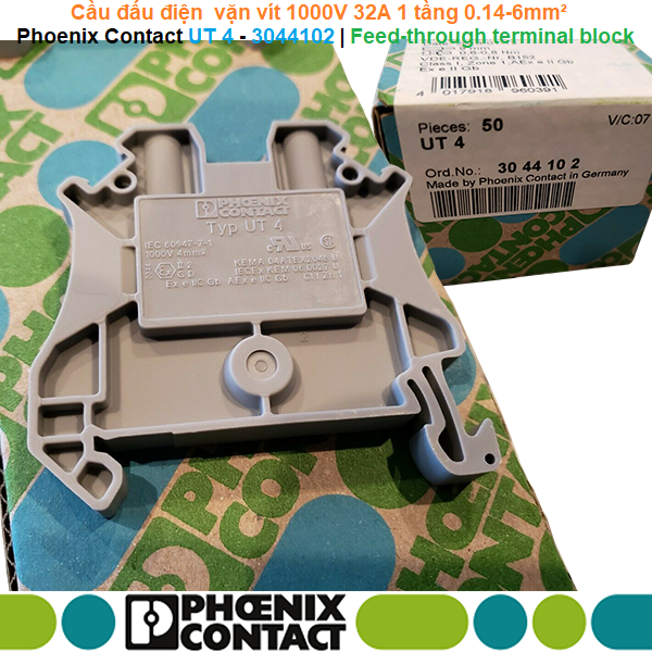 Phoenix Contact UT 4 - 3044102 | Cầu đấu điện  vặn vít Feed-through terminal block 1000V 32A 1 tầng 0.14-6mm²