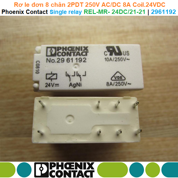 Rờ le 8 chân 2 PDTs 250V AC/DC 8A coil 24VDC - Phoenix Contact - Single relay REL-MR- 24DC/21-21 | 2961192