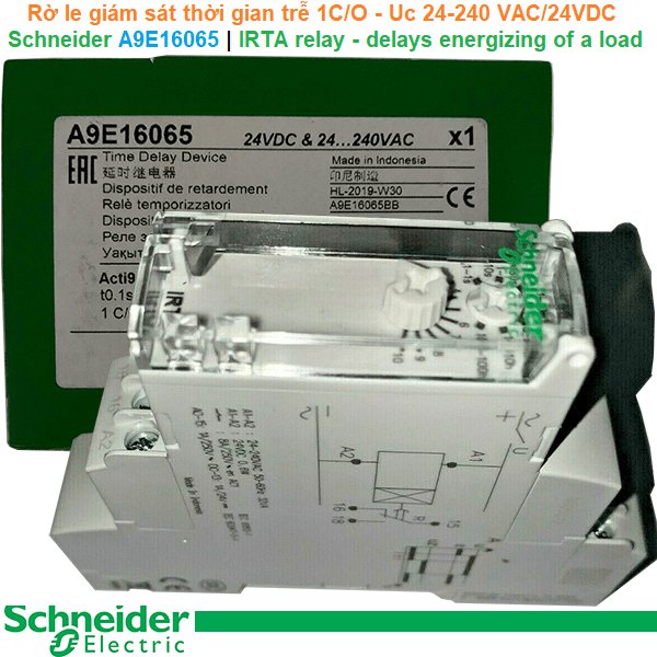 Schneider A9E16065 | Rờ le giám sát thời gian trễ  IRTA relay - delays energizing of a load-1C/O - Uc 24-240 VAC/24VDC