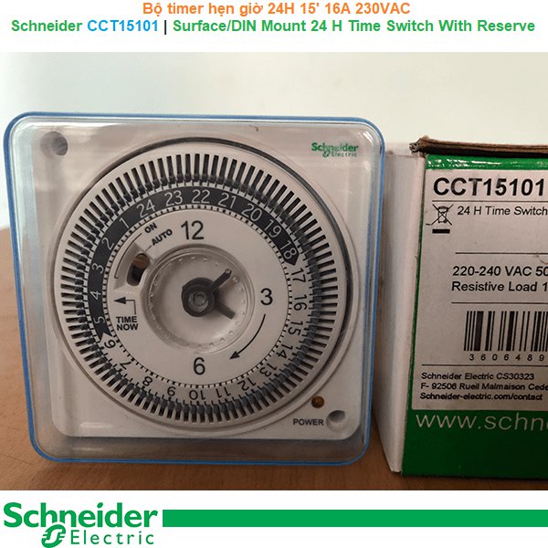 Schneider CCT15101 | Surface/DIN Mount 24 H Time Switch With Reserve -Bộ timer hẹn giờ 24H 15 phút 1 kênh 16A 230VAC