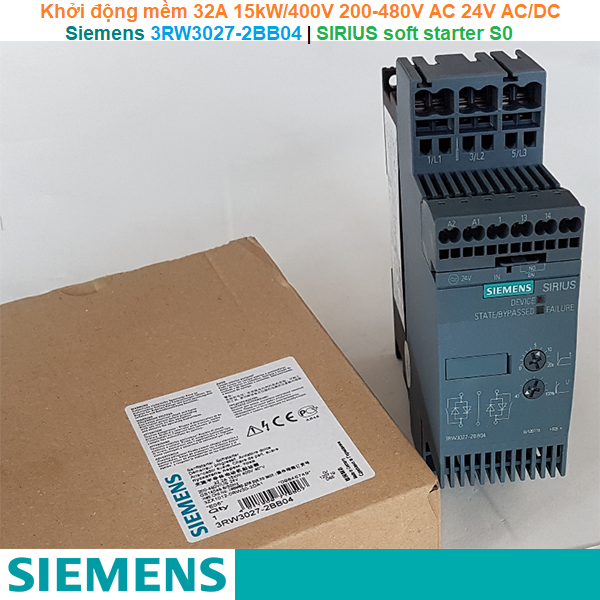Siemens 3RW3027-2BB04 | Khởi động mềm SIRIUS soft starter S0 32A 15kW/400V 200-480V AC 24V AC/DC spring terminals