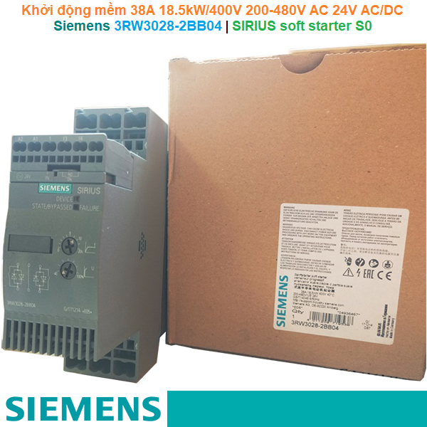 Siemens 3RW3028-2BB04 | Khởi động mềm SIRIUS soft starter S0 38A 18.5kW/400V 200-480V AC 24V AC/DC spring-type terminals