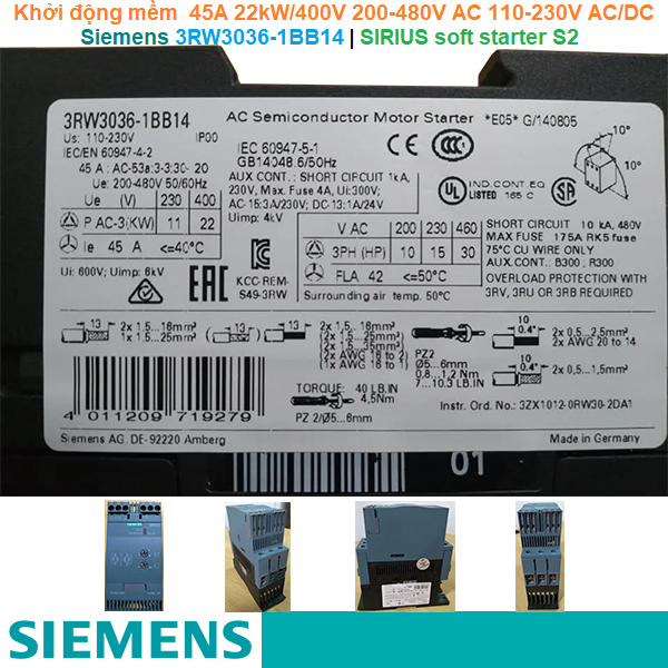 Siemens 3RW3036-1BB14 | Khởi động mềm SIRIUS soft starter S2 45A 22kW/400V 200-480V AC 110-230V AC/DC Screw terminals