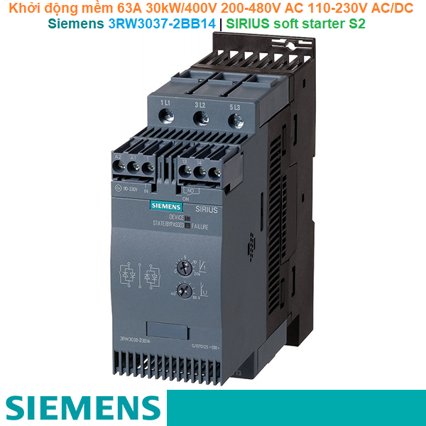 Siemens 3RW3037-2BB14 | Khởi động mềm SIRIUS soft starter S2 63A 30kW/400V 200-480V AC 110-230V AC/DC Spring terminals