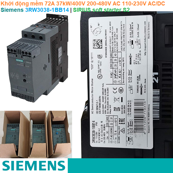 Siemens 3RW3038-1BB14 | Khởi động mềm SIRIUS soft starter S2 72A 37kW/400V 200-480V AC 110-230V AC/DC Screw terminals