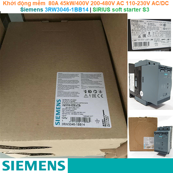 Siemens 3RW3046-1BB14 | Khởi động mềm SIRIUS soft starter S3 80A 45kW/400V 200-480V AC 110-230V AC/DC Screw terminals