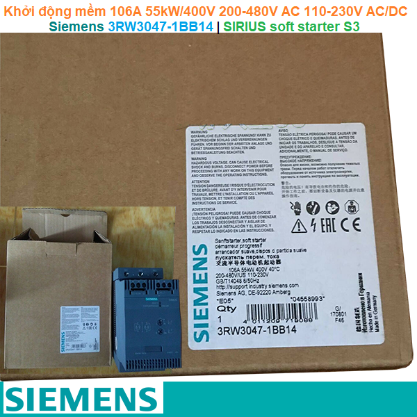 Siemens 3RW3047-1BB14 | Khởi động mềm SIRIUS soft starter S3 106A 55kW/400V 200-480V AC 110-230V AC/DC Screw terminals