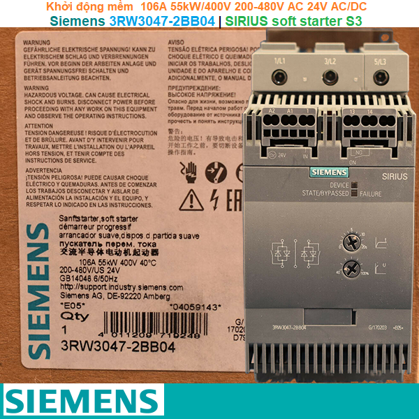 Siemens 3RW3047-2BB04 | Khởi động mềm SIRIUS soft starter S3 106A 55kW/400V 200-480V AC 24V AC/DC Spring terminals